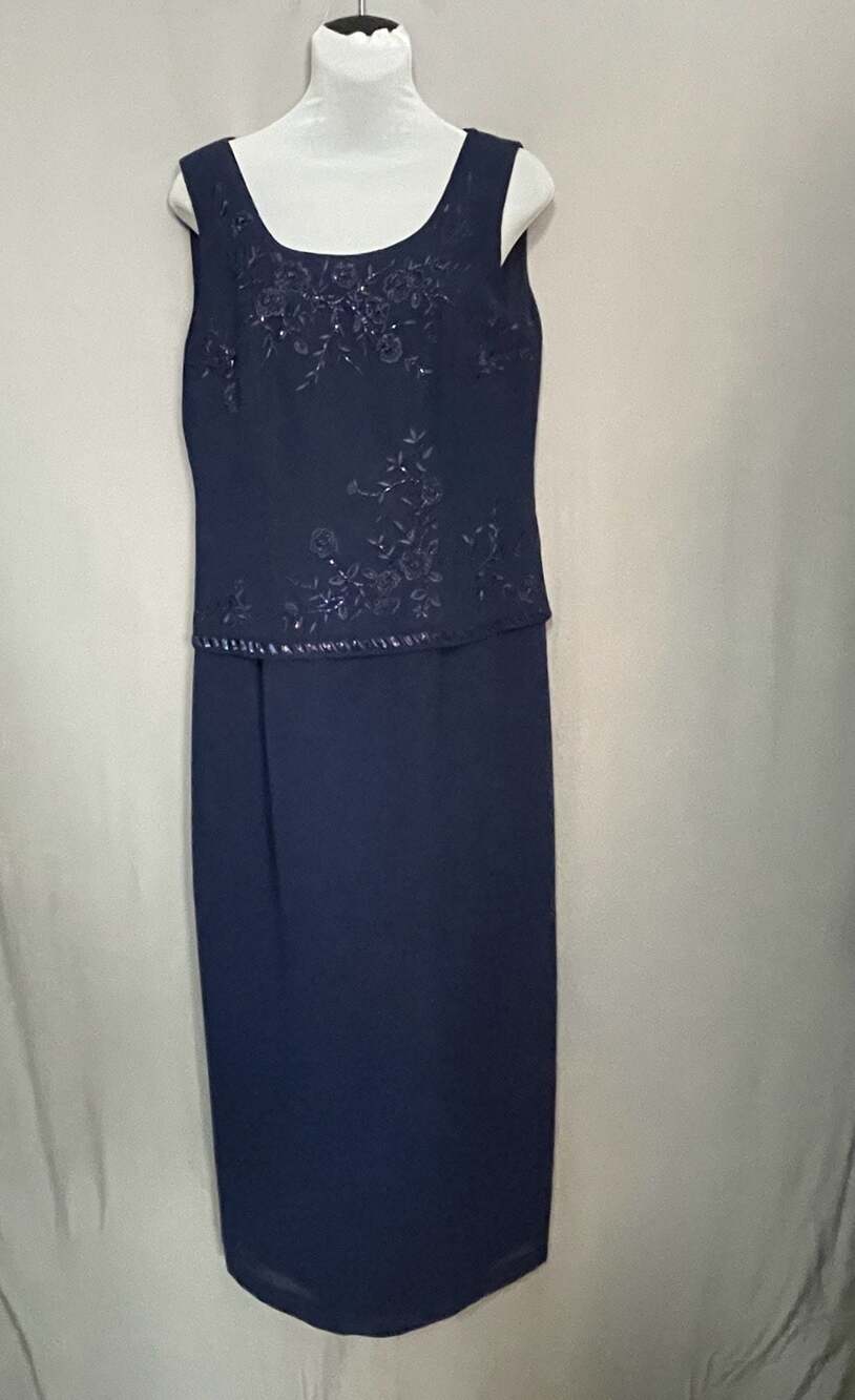 VTG Kathy Roberts Women's Navy Blue Sleeveless Beaded Sheath Formal Dress